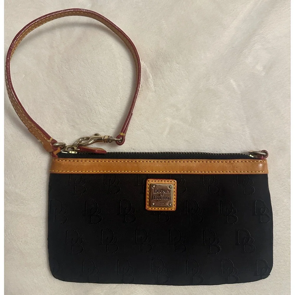 Dooney & Bourke Black Monogram Canvas Wristlet Pouch Tan Leather Trim Red Lining